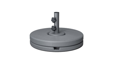 The Ledge Lounger Resin Coated Concrete Umbrella Base features a gray circular design with a central vertical pole and adjustable knobs, perfect for supporting center pole umbrellas. Its subtle texture adds elegance to elevate your outdoor dining experience.