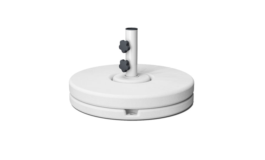 The Ledge Lounger Resin Coated Concrete Umbrella Base has a white circular design with a central pole holder, perfect for center pole umbrellas. It features two black adjustment knobs for stability and offers a smooth surface with modern, minimalistic appeal to enhance your outdoor dining experience.
