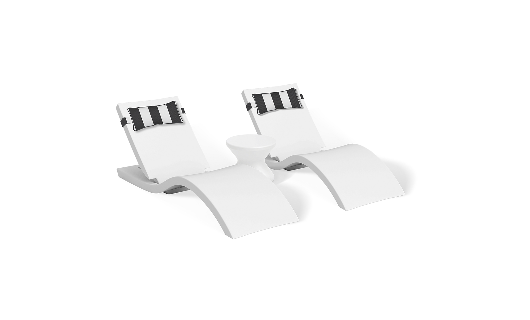 The Ledge Lounger Adjustable Chaise with Pillows and Side Table In-Pool & Patio Set features two modern white chaises with black and white striped pillows, plus a sleek side table—ideal for contemporary outdoor spaces.