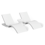 The Ledge Lounger Adjustable Chaise and Side Table In-Pool & Patio Set features two modern white curved lounges and a matching round side table, all set against a clean white background.