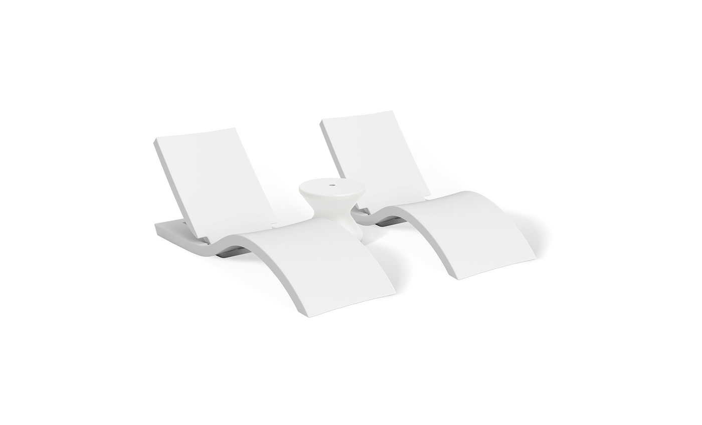 The Ledge Lounger Adjustable Chaise and Side Table In-Pool & Patio Set features two modern white curved lounges and a matching round side table, all set against a clean white background.