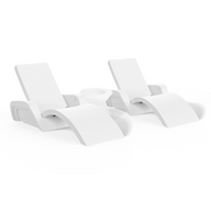 The Ledge Lounger Adjustable Chaise Island Lounge In-Pool & Patio Set features two sleek chaise loungers with a curved design, separated by a matching round table—ideal for modern, minimalistic patio relaxation.
