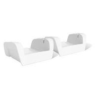 Upgrade Your Signature Chaise Armrest Console 2pk by Ledge Lounger features two identical white plastic brackets with a curved design, each sporting a slot and small protrusion on the inner edge. Shown side by side on a plain white background.