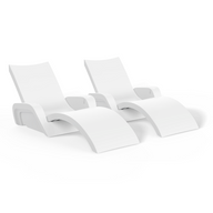 The Ledge Lounger Signature Chaise and Armrest Console In-Pool Lounge Set features two sleek, modern white chaise lounges with a minimalist design and smooth lines, shown side by side on a white background. No visible cushions or console attachments.