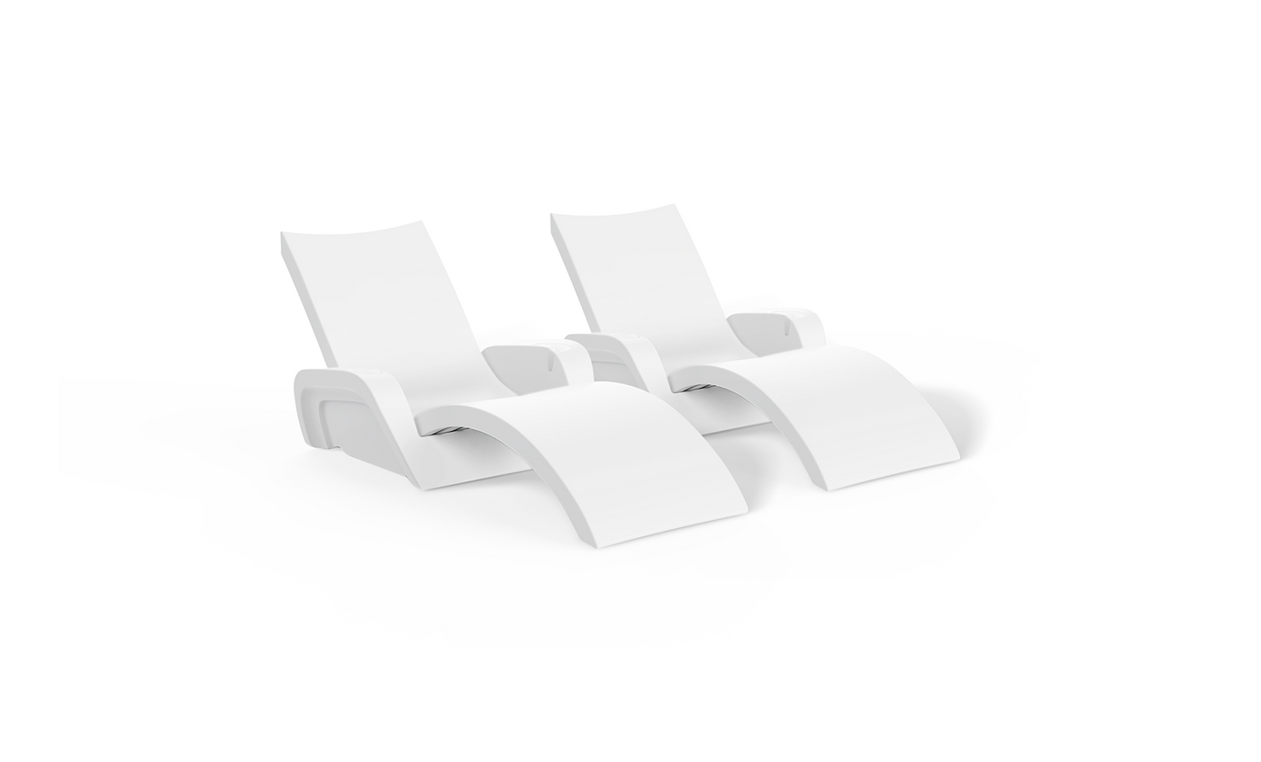 The Ledge Lounger Signature Chaise and Armrest Console In-Pool Lounge Set features two sleek, modern white chaise lounges with a minimalist design and smooth lines, shown side by side on a white background. No visible cushions or console attachments.