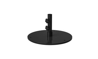 The Ledge Lounger Steel Plate Umbrella Base, in black with a round design, features a vertical cylindrical pole with two adjustable knobs and a modern powder-coated finish, ideal for supporting center pole umbrellas.