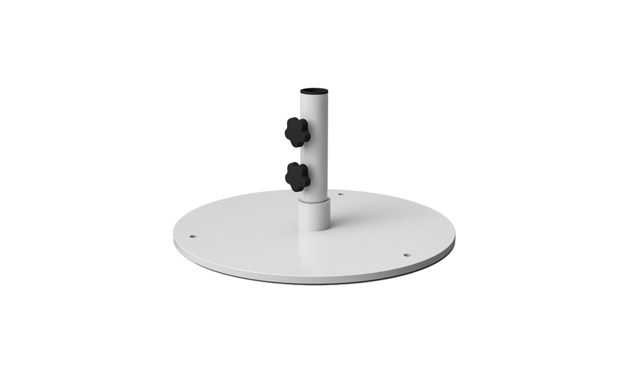 The Ledge Lounger Steel Plate Umbrella Base, in white, features a short pole for center pole umbrellas. It has two black knobs and a powder-coated finish for durability. Small holes near the edge enhance its sleek, modern design.