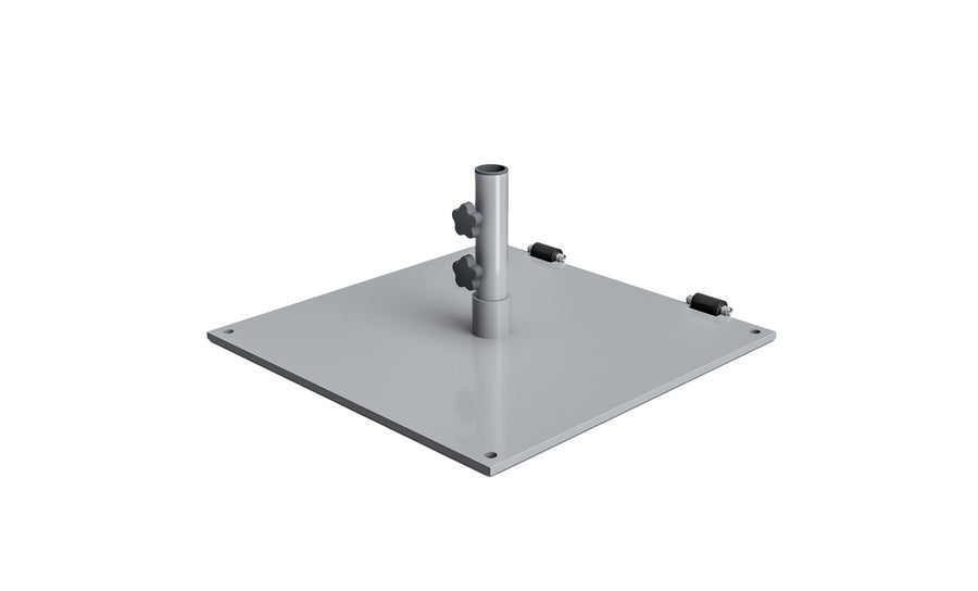 The Ledge Lounger Steel Plate Umbrella Base is a gray, powder-coated steel baseplate with an upright cylindrical central tube. It is ideal for center pole umbrellas and features two adjustable knobs, four corner mounting holes, and two cable connectors on one side.