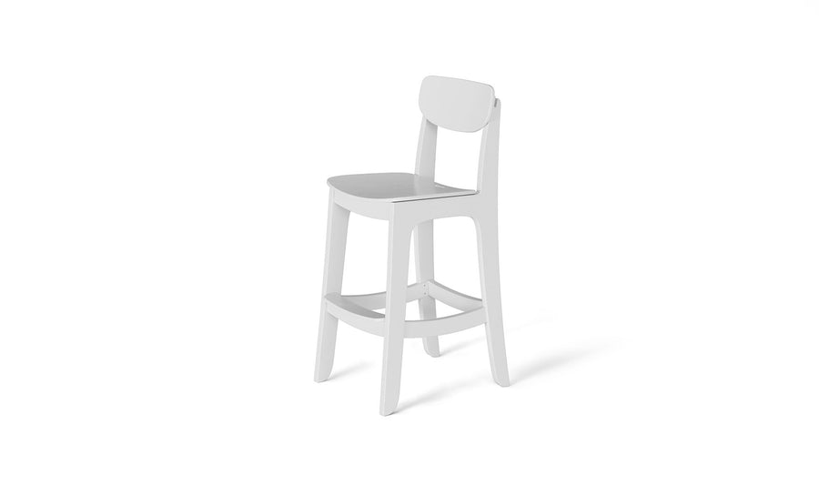 A white, modern barstool with a curved backrest and a slim seat on a clean, white background.