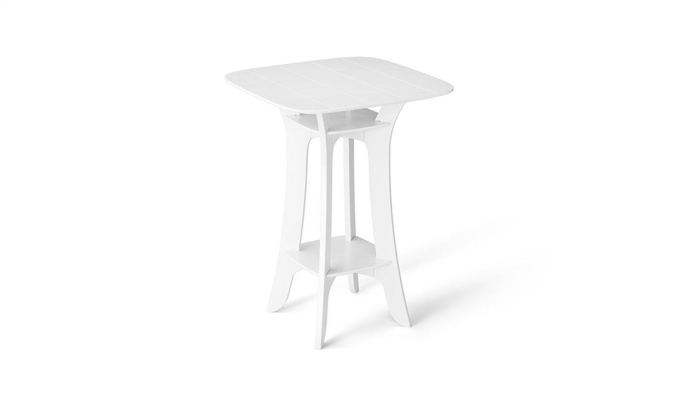 The Haven Hightop Table by Ledge Lounger is a white, rectangular plastic table with a smooth top, four curved legs, and a central support that forms an open geometric shape. Part of our patio collection, its durable design complements the all-white color scheme.