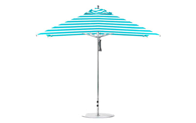 The Ledge Lounger Premier Aluminum Umbrella features a turquoise and white striped pattern, marine-grade fabrics, and a sturdy aluminum pole. This wind-resistant 10 square pulley design is showcased against a pristine white backdrop.