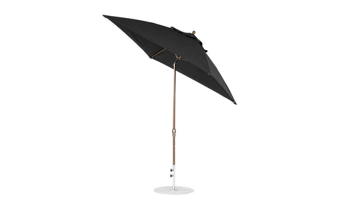 The Essential Fiberglass Umbrella by Ledge Lounger features a 7.5 octagon design, a black canopy, brown pole, silver base and slight tilt against a plain white backdrop. Crafted with marine-grade fabrics for durability and style, it enhances your outdoor oasis.