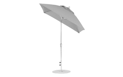 The Ledge Loungers Essential Fiberglass Umbrella, a 6.5 square crank auto tilt model, is displayed on a white background. It boasts marine-grade fabrics for durability, a corrosion-resistant metal pole, and a round base for stability.