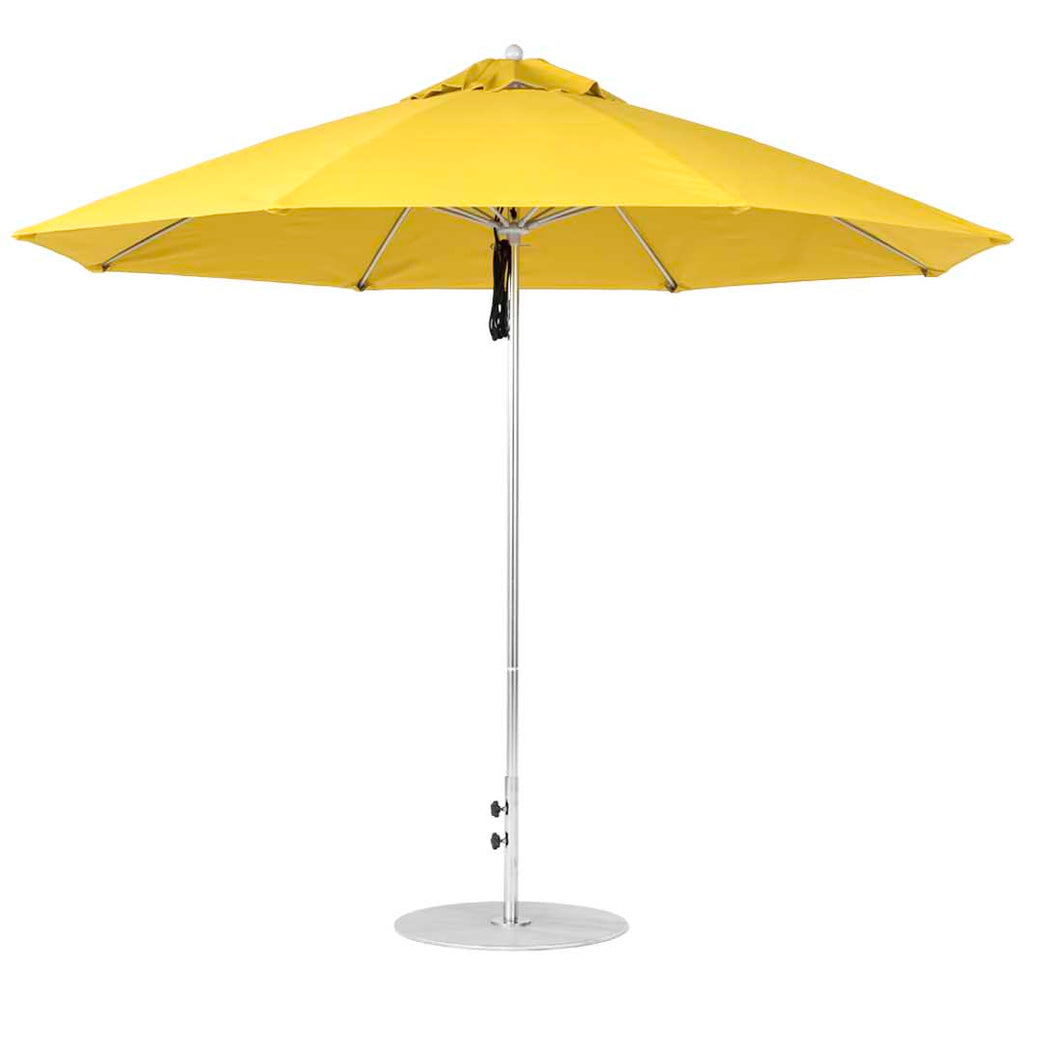 The Ledge Lounger Essential Fiberglass Umbrella - 11 Octagon Pulley, in a bright yellow, includes a white metal pole and round base. Its canopy is crafted from marine-grade fabrics, offering wide circular coverage when fully open.