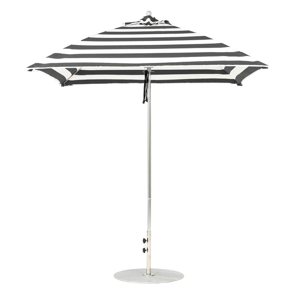 The Essential Fiberglass Umbrella - 7.5 Square Pulley by Ledge Lounger, with black and white stripes, marine-grade fabric, a silver pole, and round base is open against a plain white background.