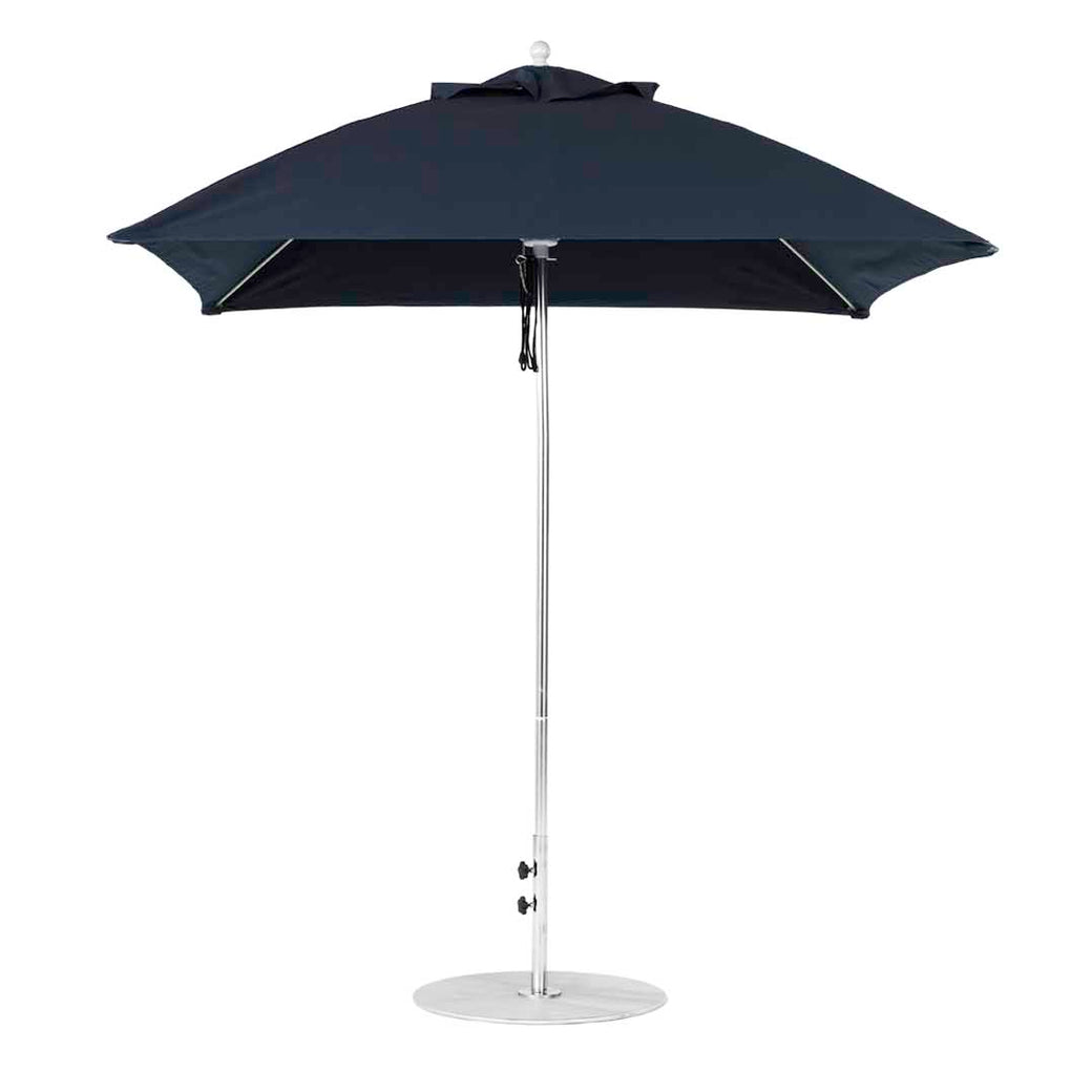The black Essential Fiberglass Umbrella - 7.5 Square Pulley by Ledge Lounger features a modern design with a silver pole and round base. Made with marine-grade fabrics, it provides optimal shade when fully opened against white backgrounds, ideal for those using the Umbrella Compatibility Matrix outdoors.
