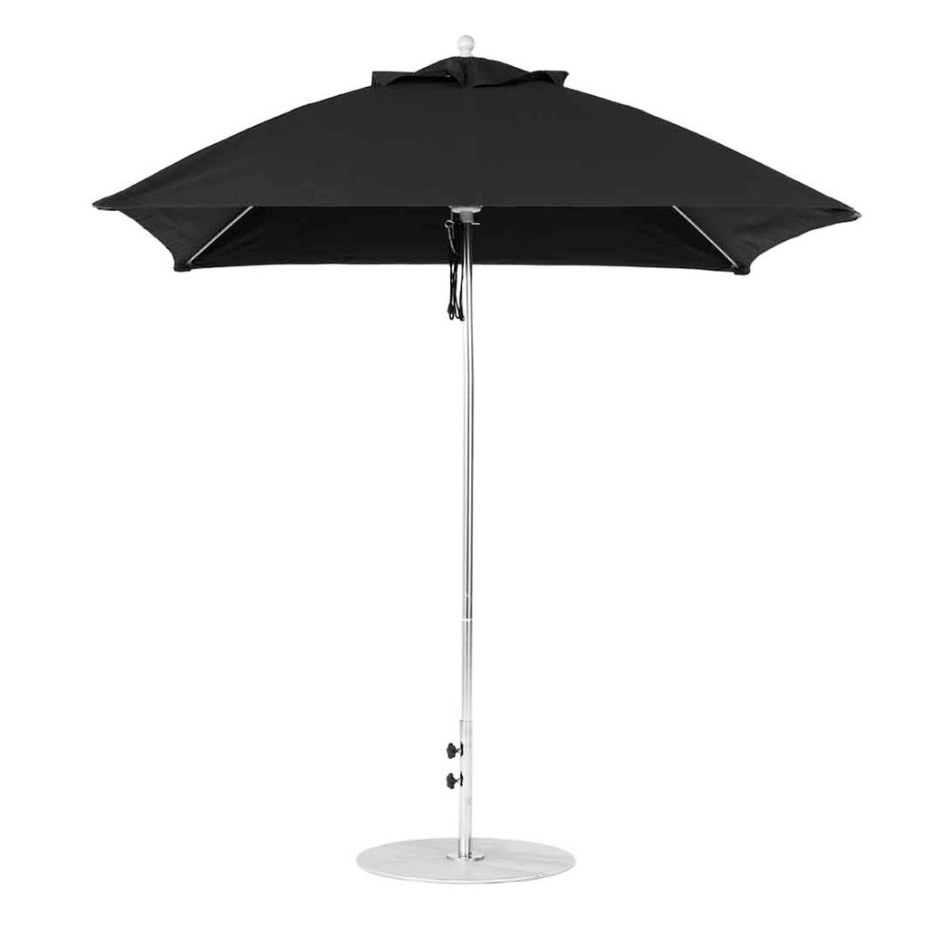 The Essential Fiberglass Umbrella - 7.5 Square Pulley by Ledge Lounger, featuring a black canopy, shiny silver pole, and round base crafted from marine-grade fabrics for lasting durability, is shown against a white background.