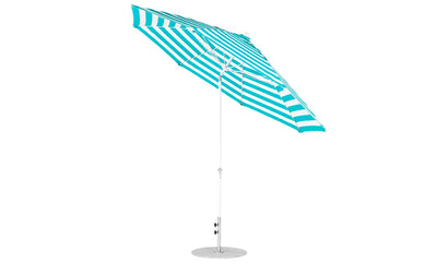 The Ledge Lounger Essential Fiberglass Umbrella - 11 Octagon Crank Auto Tilt has a turquoise and white striped marine-grade fabric canopy, tilts on a round base, and features an adjustable aluminum pole, all on a plain white background.