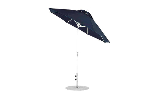 The Ledge Lounger Essential Fiberglass Umbrella - 7.5 Octagon Crank Auto Tilt is a large black umbrella with a silver pole and round base. Crafted from marine-grade fabrics, it has a sleek, modern design, adjustable height mechanism, and wind-resistant features for breezy outdoor use.