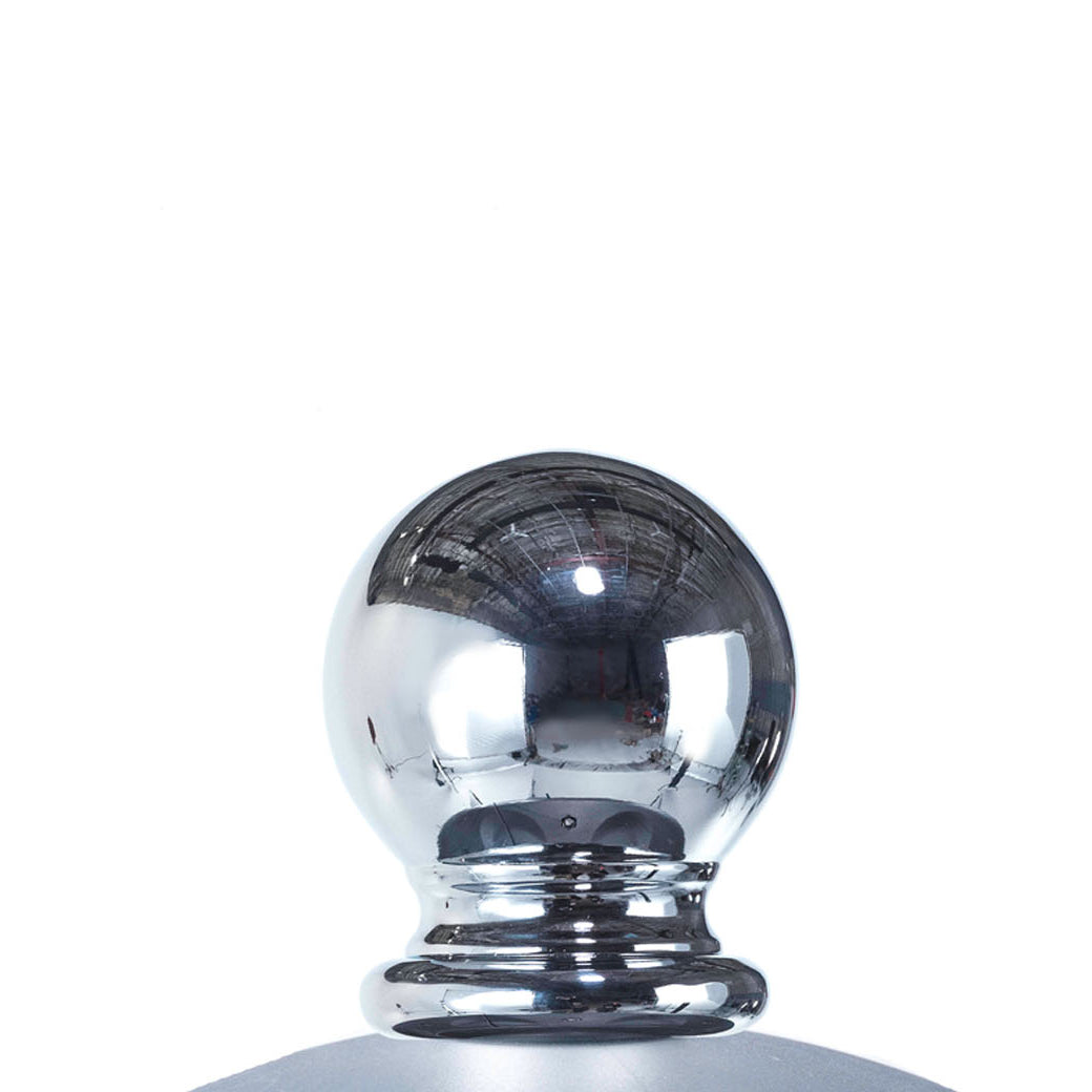 The Ledge Lounger Premier Aluminum Umbrella - 6.5 Square Pulley, features a shiny metallic sphere atop a cylindrical base on a plain white background. Its wind-resistant aluminum construction reflects light with distorted images, highlighting its durability and modern design.