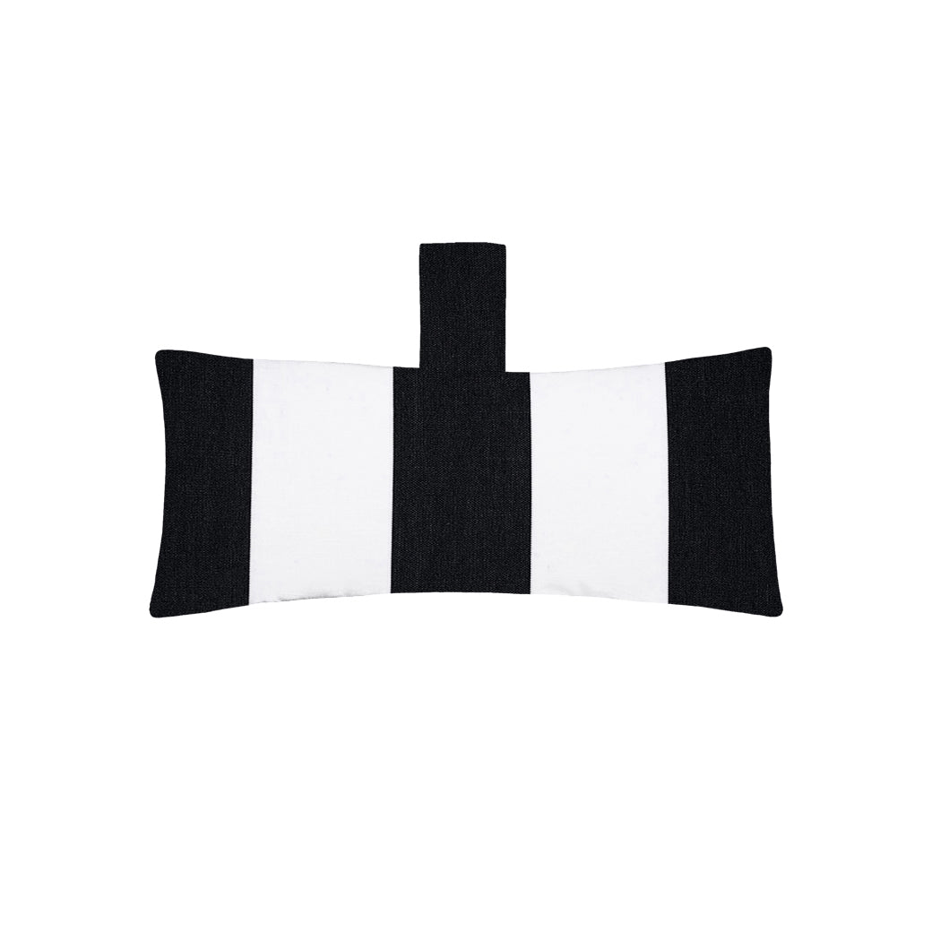 The Autograph Headrest Pillow by Ledge Lounger, made of marine-grade fabric, features black and white vertical stripes and an attached loop at the top center, displayed on a plain white background.