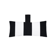The Autograph Headrest Pillow by Ledge Lounger, made of marine-grade fabric, features black and white vertical stripes and an attached loop at the top center, displayed on a plain white background.