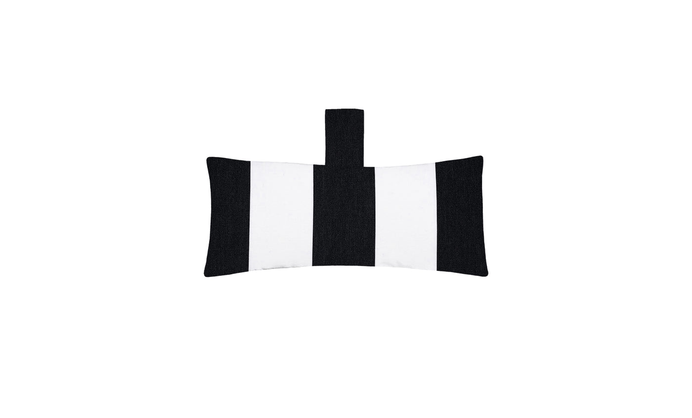 The Autograph Headrest Pillow by Ledge Lounger, made of marine-grade fabric, features black and white vertical stripes and an attached loop at the top center, displayed on a plain white background.