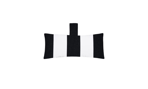 The Autograph Headrest Pillow by Ledge Lounger, made of marine-grade fabric, features black and white vertical stripes and an attached loop at the top center, displayed on a plain white background.