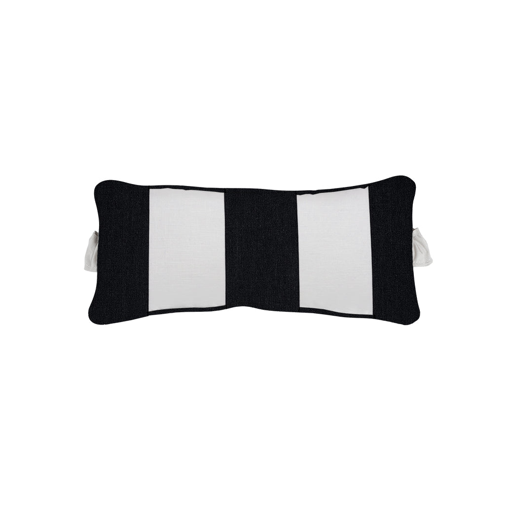 The Ledge Lounger Signature Headrest Pillow, featuring a slightly curved rectangular shape with black and white vertical stripes and small white handles, is perfect for in-pool relaxation.