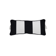 The Ledge Lounger Signature Headrest Pillow, featuring a slightly curved rectangular shape with black and white vertical stripes and small white handles, is perfect for in-pool relaxation.
