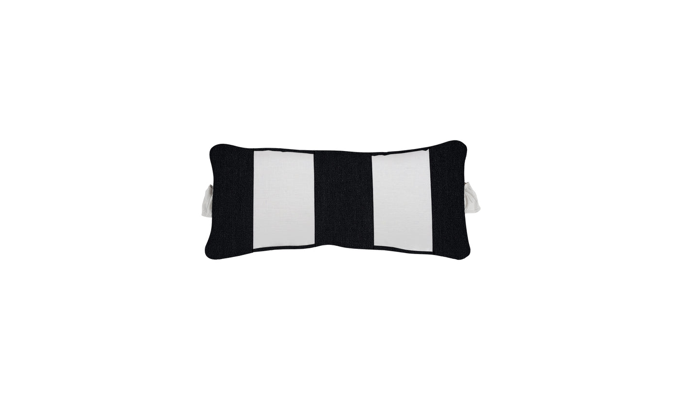 The Ledge Lounger Signature Headrest Pillow, featuring a slightly curved rectangular shape with black and white vertical stripes and small white handles, is perfect for in-pool relaxation.