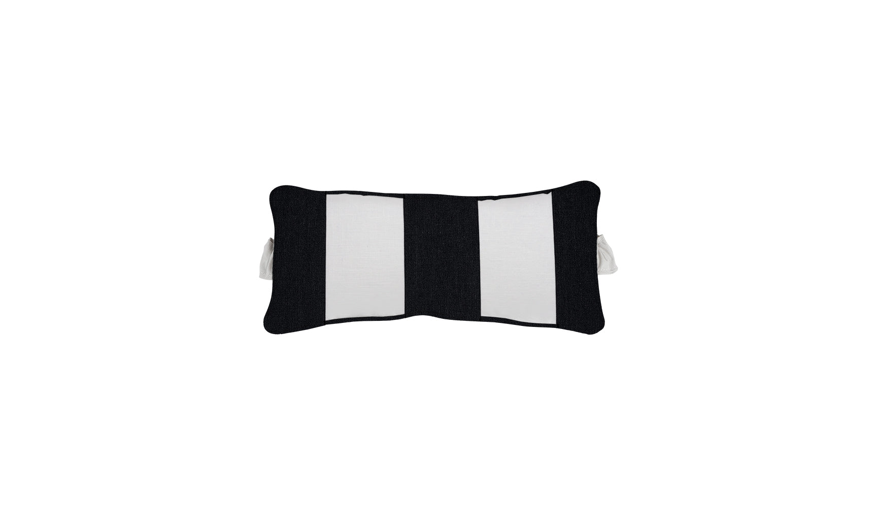 The Ledge Lounger Signature Headrest Pillow, featuring a slightly curved rectangular shape with black and white vertical stripes and small white handles, is perfect for in-pool relaxation.