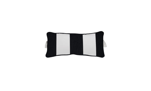 The Ledge Lounger Signature Headrest Pillow, featuring a slightly curved rectangular shape with black and white vertical stripes and small white handles, is perfect for in-pool relaxation.