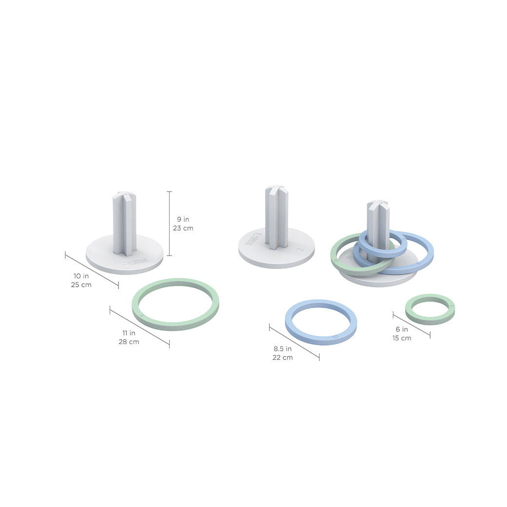 Ledge Loungers Ring Toss set features three towers (9 in, 10 in, and 8.5 in) ideal for backyard fun. The blue and green rings come in diameters of 11 in, 9 in, and 8.5 in, providing an exciting outdoor challenge.