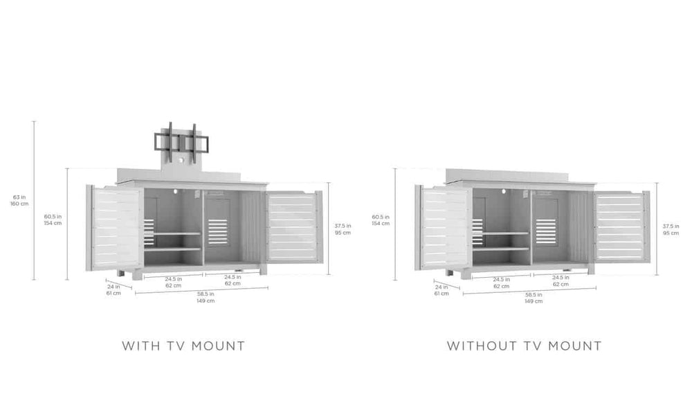 Diagram of an outdoor kitchen with two configurations. The left has a TV mount and the right without. Measurements are provided for height, width, and depth in both configurations. The kitchen features storage and a grill area.