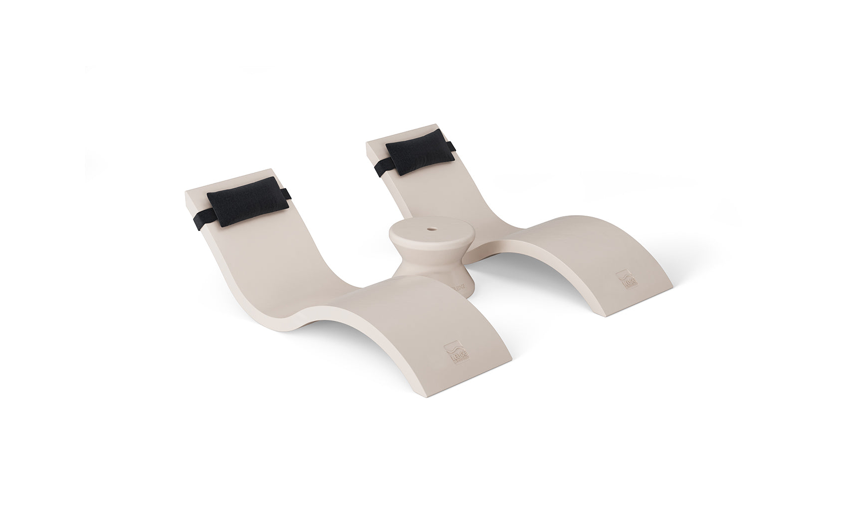 The Ledge Lounger Outdoor Paradise In-Pool Furniture Bundle features a cream-colored, abstract double-seat bench with black cushion-like backrest elements and a central elevated curve, creating a modern artistic vibe. Perfect for any outdoor paradise, it is displayed against a plain white background.