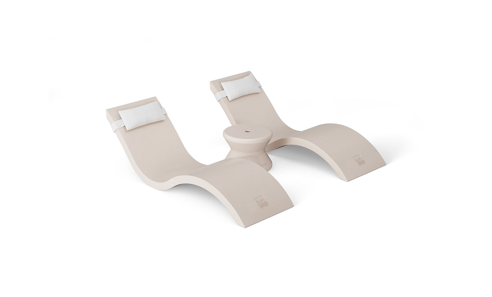 The Outdoor Paradise In-Pool Furniture Bundle by Ledge Lounger features two beige, wavy lounge chairs with integrated headrests linked by a circular table. Set against a white backdrop, these modern chaise loungers craft an inviting oasis for your space.