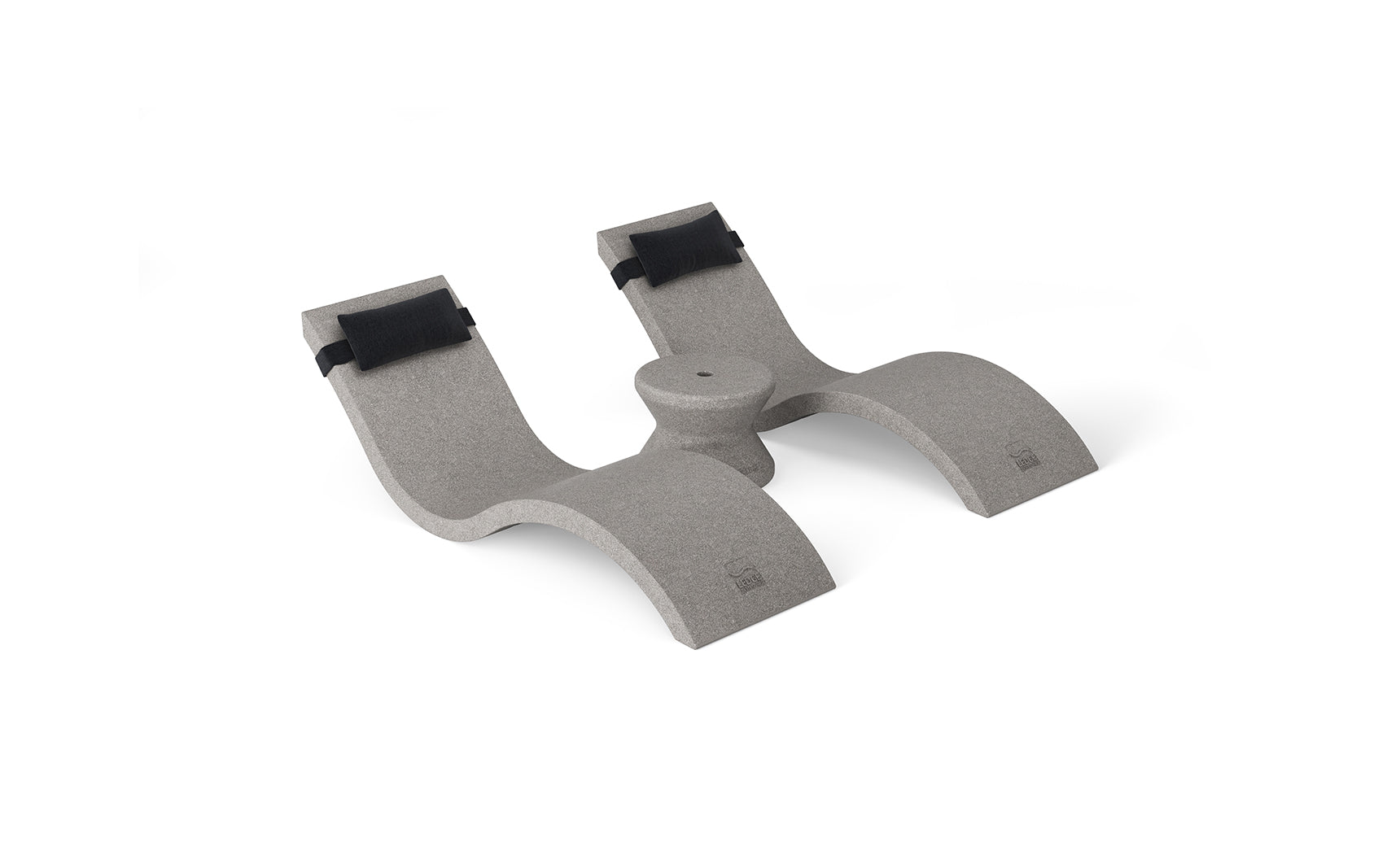 A grey, U-shaped, double-curved item with a central raised section resembles the Outdoor Paradise In-Pool Furniture Bundle by Ledge Lounger, featuring black straps on each end against a plain white background.