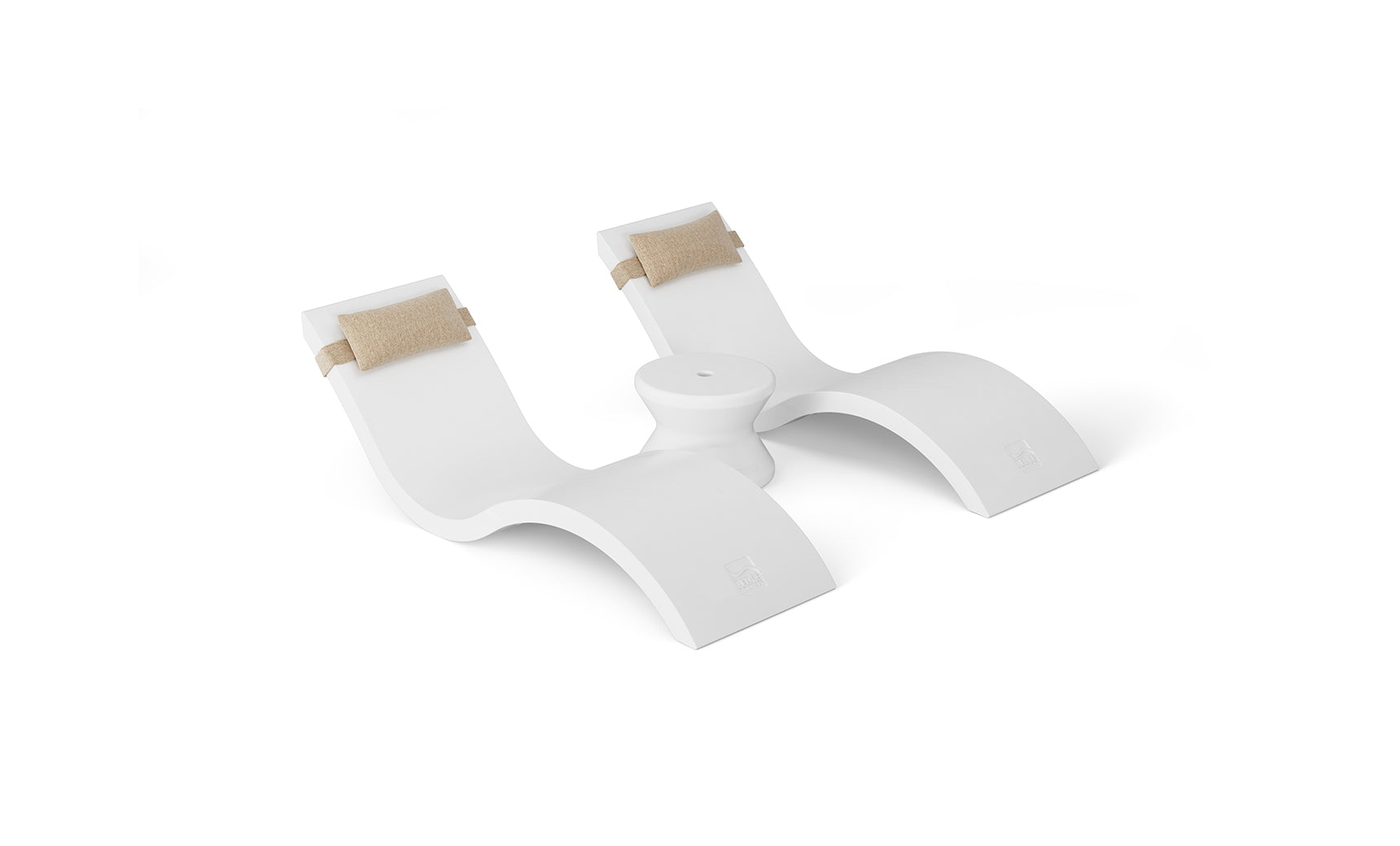 The Outdoor Paradise In-Pool Furniture Bundle by Ledge Lounger features two modern white loungers with beige headrests, connected by a small round table. Their sleek, wavy design creates an exquisite and serene escape against a plain white background.