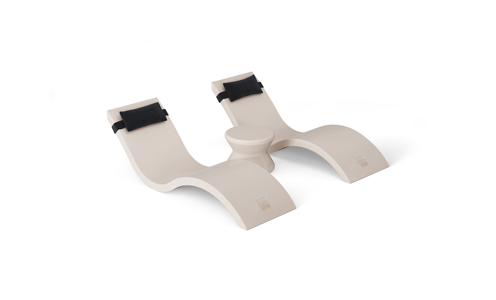 The Outdoor Paradise In-Pool Furniture Bundle by Ledge Lounger features a modern white wooden rocking toy with a sleek, wavy design, padded black straps, an artistic abstract shape, and rests on a plain white background.