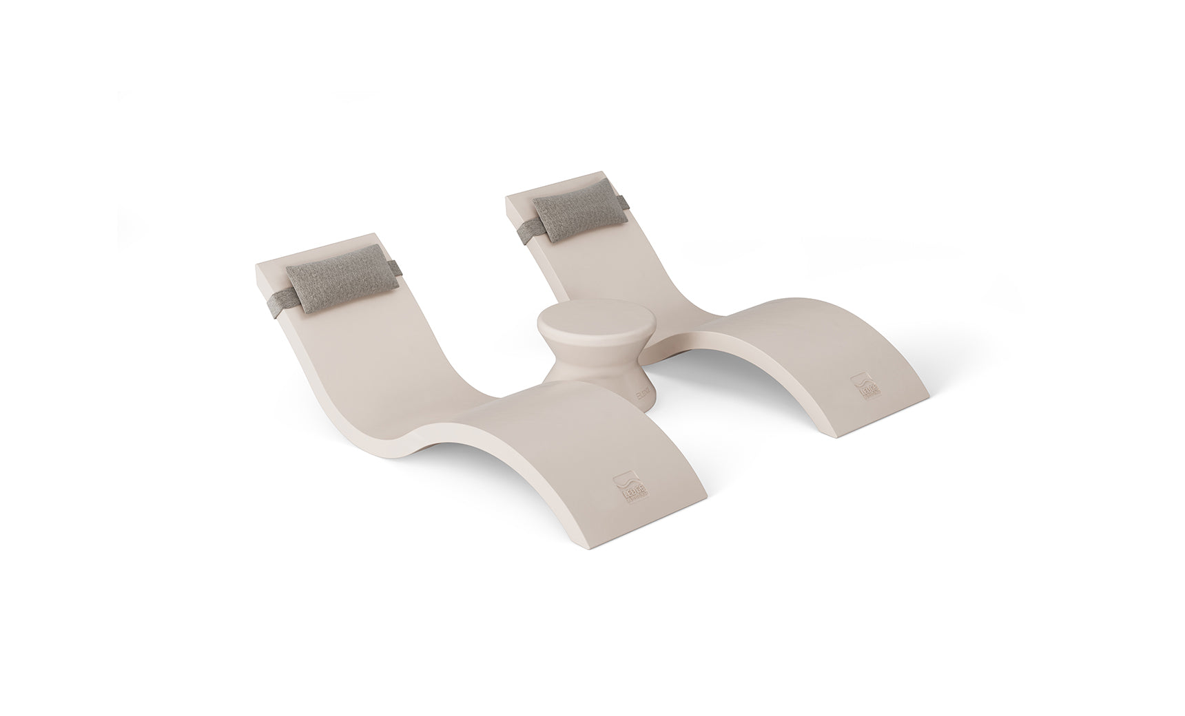 The white ergonomic knee rest from the Outdoor Paradise In-Pool Furniture Bundle by Ledge Lounger features curved design with gray-cushioned supports for comfort. The central part rises for stability and support, providing a luxurious feel similar to in-pool chaise loungers.