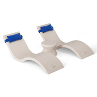 The Ledge Lounger Outdoor Paradise In-Pool Furniture Bundle features a beige, S-shaped wooden chair support with adjustable blue straps, reminiscent of pool ledge furniture and designed for optimal posture with its curved base on a flat white background.