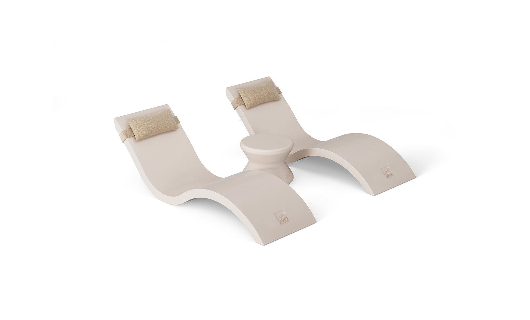The Outdoor Paradise In-Pool Furniture Bundle by Ledge Lounger features a sleek white, wave-shaped yoga prop with curved sections and padded supports, reminiscent of stylish in-pool chaise loungers, complete with a central cylindrical piece for enhanced functionality.