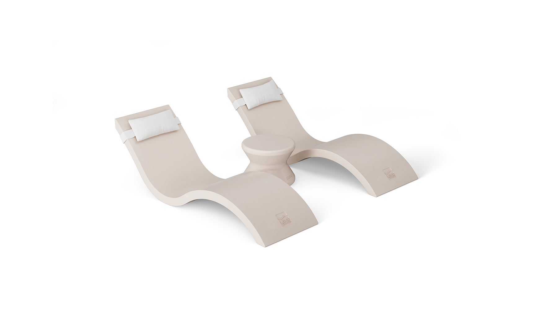 Two modern beige outdoor lounge chairs with curved designs and white headrest cushions grace a white background. Arranged in an S-shape with a circular table between, they epitomize pool ledge furniture elegance from Ledge Loungers Outdoor Paradise In-Pool Furniture Bundle.