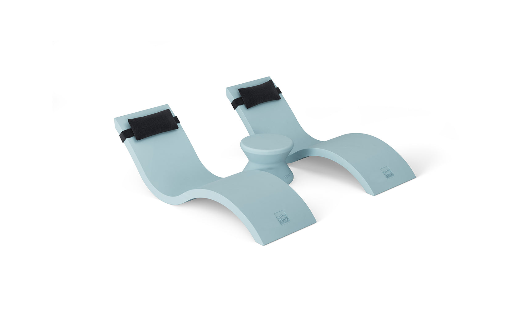 The Ledge Lounger Outdoor Paradise In-Pool Furniture Bundle includes a light blue ergonomic footrest with two curved supports and black straps, designed to enhance comfort and improve posture by the pool, all set against a pristine white background.