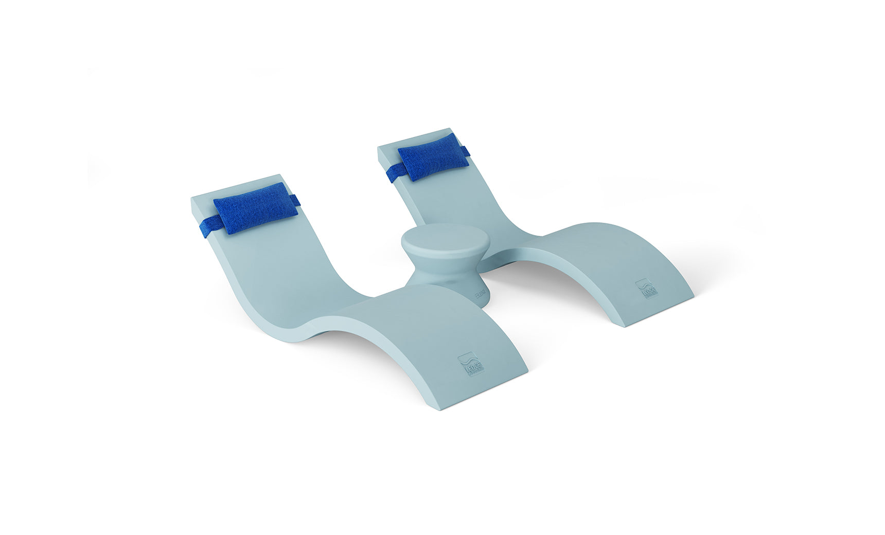 A light blue, S-shaped plastic book holder with curved supports connected by a circular brace is ideal for poolside reading. Blue straps secure your book on an in-pool chaise lounger by Ledge Lounger, from the Outdoor Paradise In-Pool Furniture Bundle. Background: white.