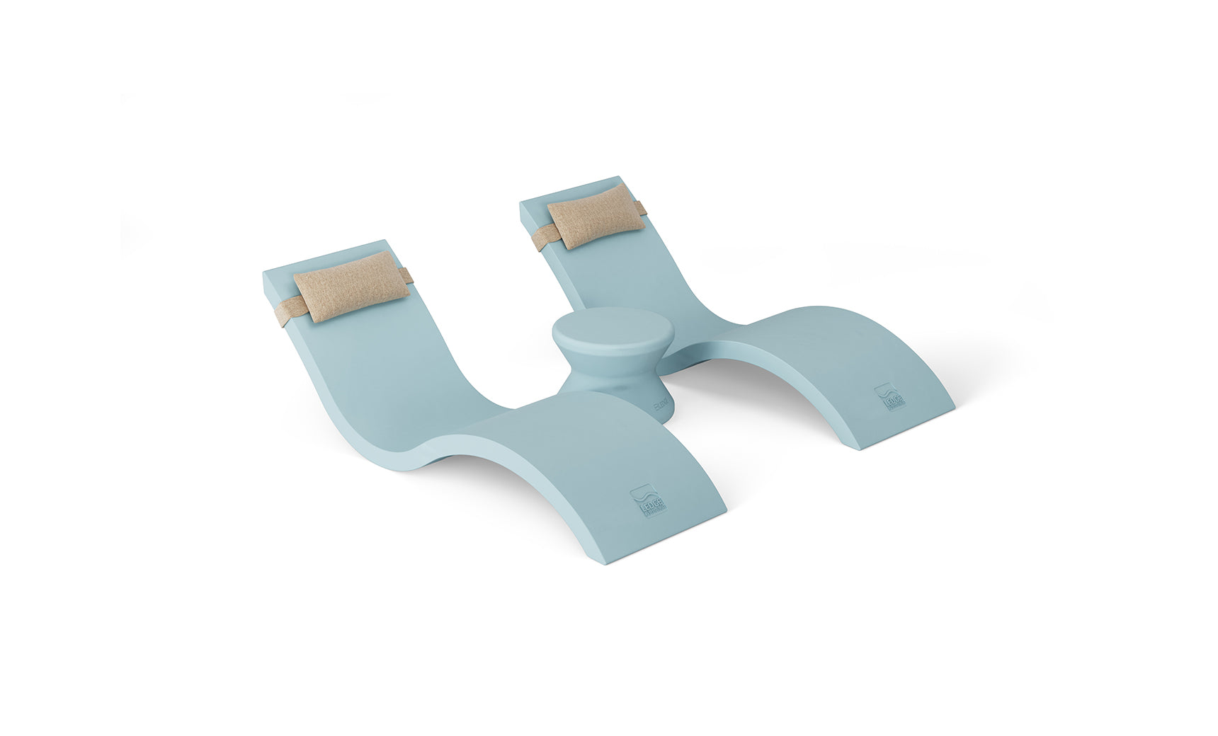 The Outdoor Paradise In-Pool Furniture Bundle by Ledge Lounger includes two light blue, modern lounge chairs with beige headrests and a small round table, all set on a pristine white background. Ideal for patios or poolside relaxation, it adds elegance to any space.