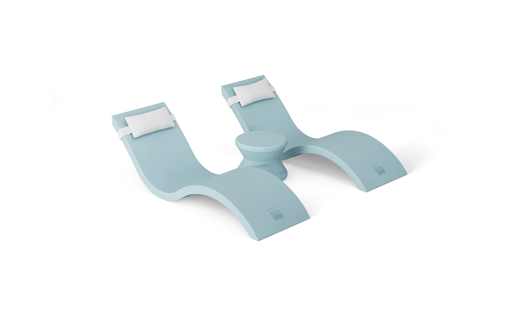 The Outdoor Paradise In-Pool Furniture Bundle by Ledge Lounger includes two aqua blue, wave-shaped chaise loungers with white headrests and a central circular table, offering a modern and sleek design ideal for pool ledge relaxation against a simple white background.