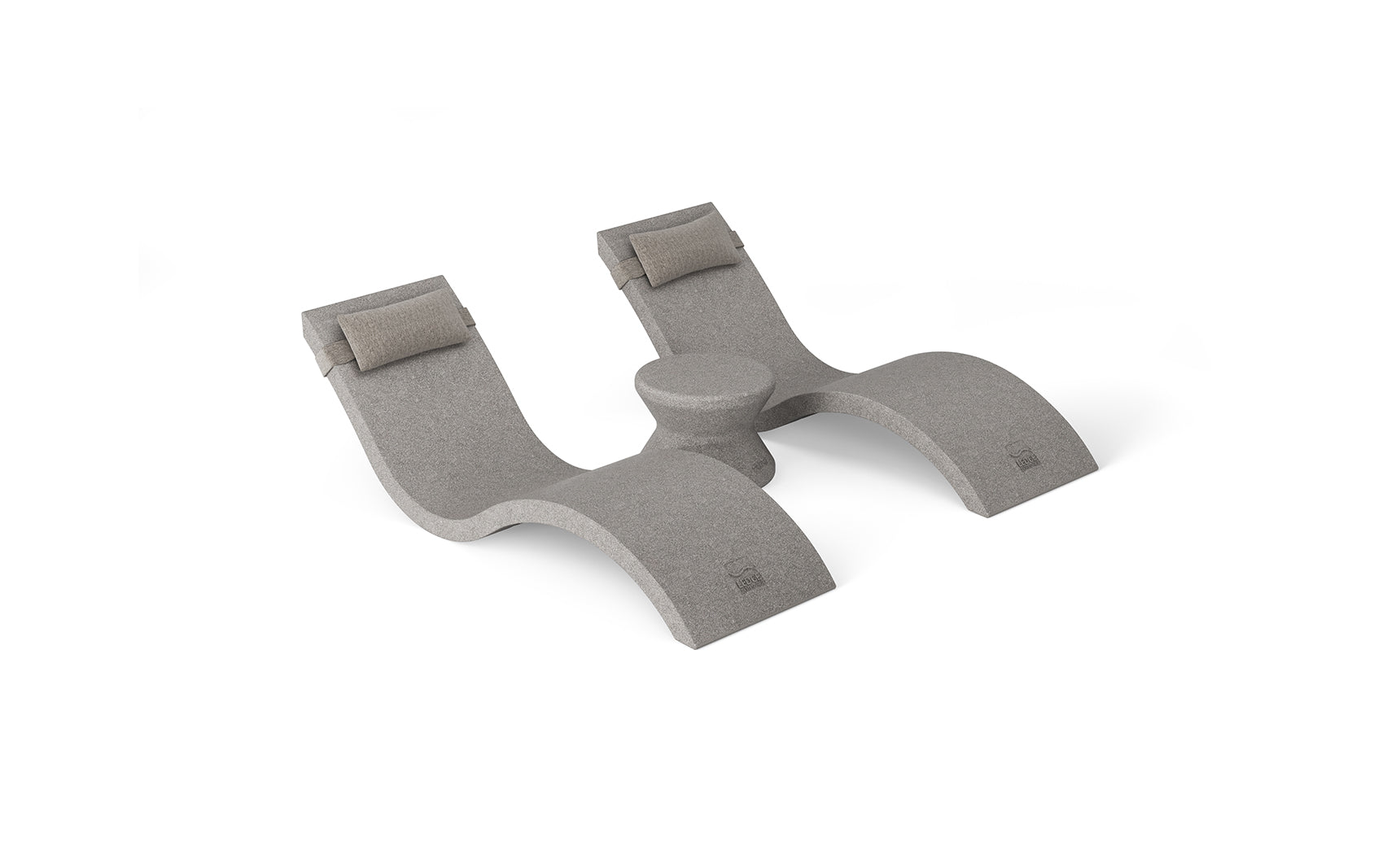 The Ledge Lounger Outdoor Paradise In-Pool Furniture Bundle includes a modern, gray double lounge chair with a curved design, built-in headrests, and a central round table. Ideal for pool ledge furniture.
