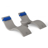 The Ledge Lounger Outdoor Paradise In-Pool Furniture Bundle includes a gray curved dual-leg elevated footrest with central support. It features blue adjustable straps on each leg for secure positioning, making it perfect for ergonomic foot placement and enhanced comfort while sitting.